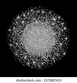 Round silver shape of stars and glitter. Falling stars and glitter on dark background. Stars Confetti. For Christmas, New Year celebration, holiday greeting card, invitation. Vector illustration.