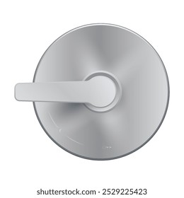 A round, silver shower valve with a white lever handle.