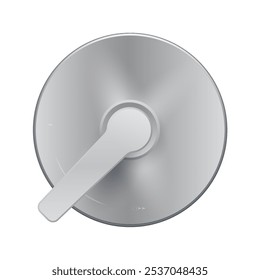 A round, silver shower valve with a white lever handle on white background