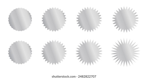 Round silver stickers with wavy and zigzag borders. Shining metallic labels, badges, price tags, coupons, stamps curvy shapes isolated on white background. Vector illustration.