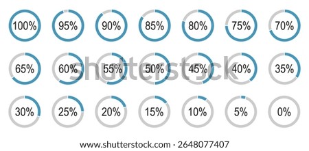 Round simple diagrams icons for infographics from 0 to 100 percent. Blue, grey color fill divided pie charts indicators. Percentage infographics minimal elements. Circle graph loading progress.