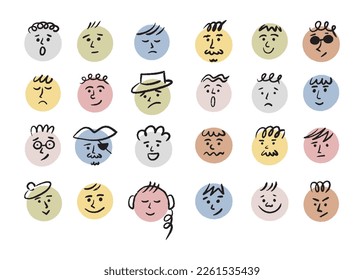 Round simple faces with various emotions. Cartoon style. Hand drawn vector illustration.