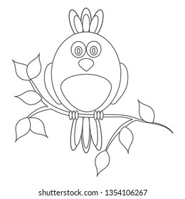 Round, simple, flat bird sitting on a branch with leaves: contour, black and white, cartoon illustration for coloring children