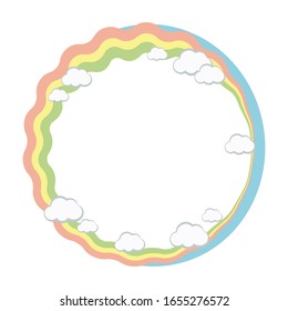 Round simple frame wreath of rainbow stripes and white clouds, blue sky vector object isolated on white background.