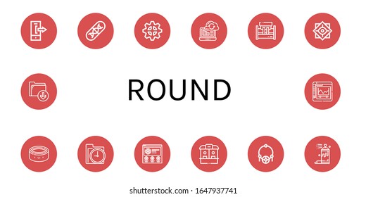 round simple icons set. Contains such icons as Logout, Genes, Gear, Syncronization, Machinery, Philosophy, Puck, Time, Pizza, Ticket office, can be used for web, mobile and logo