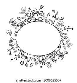 Round simple vector frame or border with doodle twigs. Branches and stems of plants with flowers, leaves and buds with petals. Line art decor elements.