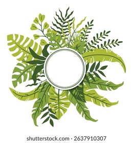 A round single frame made of lush tropical palm and monstera leaves in flat cartoon style. Ideal for summer cards, nature invitations, eco labels, or botanical themed designs.