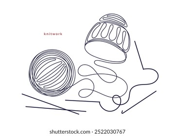 Round skein of knitting. Balls of thread. Crafting hand hobby. Vector continuous line. Merino, wool for knit needles, cotton for crochet, linen. Sketch collection for handmade design