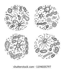 Round sketch compositions of bacterias cells. Microorganism collections coloring pages. Vector doodle style composition.
