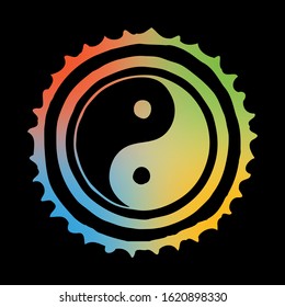Round sketch, rainbow colors on a dark background. Yin Yang symbol. Culture and philosophy of the east, chinese taoism. Vector drawing in grunge style.