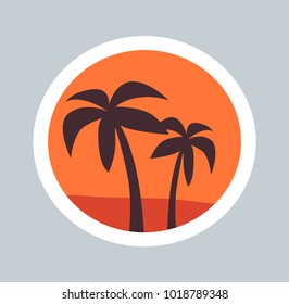 Round sketch of wonder palms vector illustration of pair trees silhouette, beautiful sunset orange sky, white circle outline isolated on grey backdrop