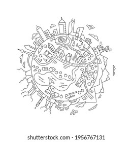 Round sketch world planet Earth. The city, the mountains the factories and buildings. Hand drawn vector line. Open paths. Editable stroke thickness.