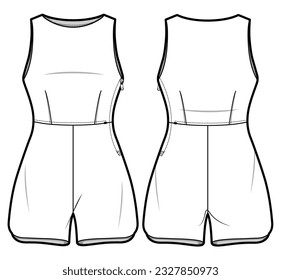 Round Sleeveless Side Zip Romper Playsuit Front and Back View. Fashion Flat Sketch Vector Illustration, CAD, Technical Drawing, Flat Drawing, Template, Mockup.