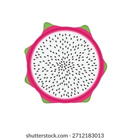 Runde Scheibe aus frischer Drachenfrucht (Pitaya) mit weißem Fleisch und schwarzen Samen, Vektorgrafik einzeln.