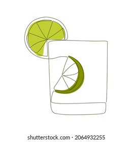 a round slice of lime on a wide glass beaker drawn inside with a solid line on a white background.