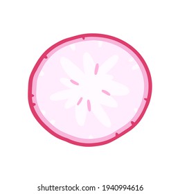 Round slice of radish isolated on white background. Vector illustration in cartoon flat style.