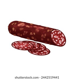 Round slice of sausage salami. Tasty meat product isolated on white background. Vector flat illustration