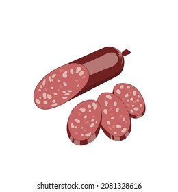 Round slice of sausage. Tasty meat product isolated on white background. Vector flat illustration of pizza or sandwich ingredient, easy to edit.