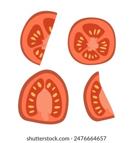 Round slice of tomato vector isolated on white . Fresh farm vegetables for diet. Ingredients for cooking. Flat design style for menu, cafe, restaurant, poster, banner, emblem, sticker, recipe design.