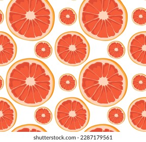Round slices of grapefruit of different sizes. Bright and modern pattern. Seamless pattern in vector. Suitable for prints and backgrounds.