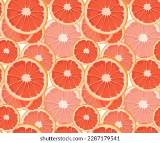 Round slices of grapefruit stacked on top of each other. Bright and modern pattern. Seamless pattern in vector. Suitable for prints and backgrounds.