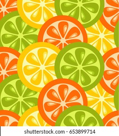 Round slices lime, lemon and orange, seamless pattern. Bright tropical fruits. Vector illustration.