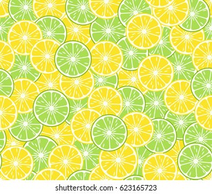 Round slices lime and lemon, seamless pattern. Bright tropical fruits. Vector illustration.