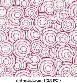 Round slices of onion. Seamless pattern. Vector hand-drawn realistic drawing.