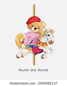 round and round slogan with cute girly bear riding merry go round vector illustration
