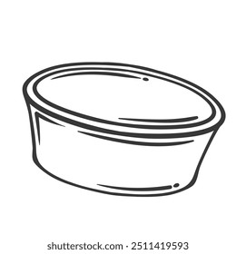 Round small box line icon. Outline circular takeout tray for takeaway food snack and sauce, container with cover. Delivery, storage mascot, hand drawn cardboard or plastic box icon vector illustration