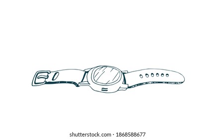 Runde intelligente Uhr. Umfassende digitale Uhr. Handgezeichnete Skizze. Monochrome Illustration auf weißem Hintergrund, Vektorgrafik 