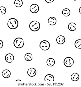 Round Smileys Painted With A Brush. Abstract Sketch Of A Happy Face. Seamless Pattern. Vector Illustration. Black, White.