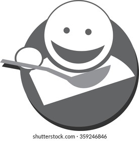 round smiling face with two small eyes of a prisoner in a range of delicious eats with a spoon, gray tone, vector 