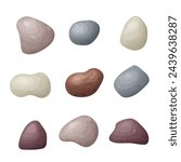 Round smooth pebble stone collection. Organic shape rock isolated. Various form of beach blob, splat. Ocean set vector illustration on white background