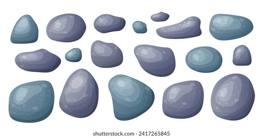 Colección redonda de piedras de guijarros lisos. Roca orgánica aislada. Varios tipos de chiringuito, salpicado. Ilustración de vector de conjuntos oceánicos sobre fondo blanco

