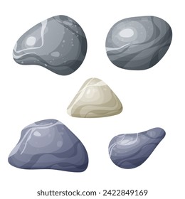 Round smooth pebble stone collection. Organic shape rock isolated. Various form of beach blob, splat. Ocean set vector illustration on white background.