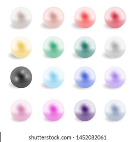 Round smooth realistic  pearls set. White, pink, silver, cream, green, blue, black, yellow, gold, purple, formed within the shell of a pearl oyster, beautiful gems set. Vector