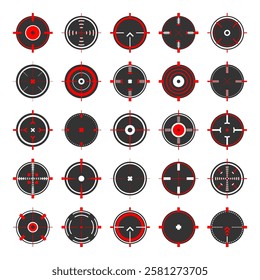 Round sniper rifle sights, weapon optical scope crosshair. Hunting gun viewfinder. Shooting mark symbol, aim. Military target sign. Game interface UI element. Vector illustration