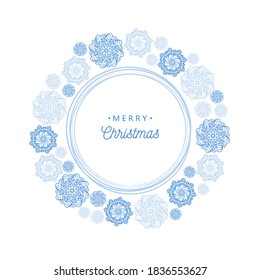 Round snow frame with empty space for your text. Winter frame made of snowflakes of various size. Circle shape. New Year, Christmas blue and white abstract background.