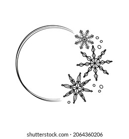 Round snow frame with hand drawn snowflakes. Festive wreath for New Years, Christmas with black feather on white background. Vector illustration for design of congratulations, invitations, advertising