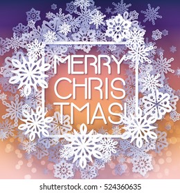 Round Snow Frame With Merry Christmas Text.. Winter Frame Made Of Snowflakes Of Various Size. Circle Shape. New Year, Christmas Blue And Purple Abstract Background.