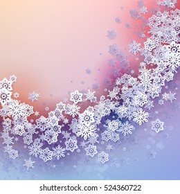 Round snow frame with Merry Christmas text.. Winter frame made of snowflakes of various size. Circle shape. New Year, Christmas blue and purple abstract background.