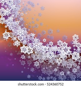 Round snow frame with Merry Christmas text.. Winter frame made of snowflakes of various size. Circle shape. New Year, Christmas blue and purple abstract background.