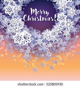 Round snow frame with Merry Christmas text.. Winter frame made of snowflakes of various size. Circle shape. New Year, Christmas blue and purple abstract background.