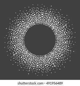 Round snow frame. Winter frame made of spots, dots, splashes, flecks, specks, snowflakes of various size. Circle shape. New Year, Christmas abstract background with empty space for your text.