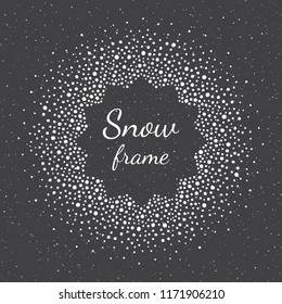 Round snow, snowflakes frame with empty center and spray, splash texture. New Year, Christmas template made of dots, pearls, beads of various size. Circle shape winter abstract background.