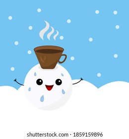 round snowball cartoon character on which drops of water flow down and on which there is a cup of hot coffee object against the background of blue sky and falling snow concept of a warming drink and c