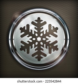 Round snowflake icon on metallic background, vector illustration