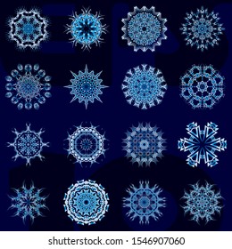 Round, snowflake-like lace ornament, circle with many details, like crocheting handmade lace. Arabesques or mandalas or even turkish