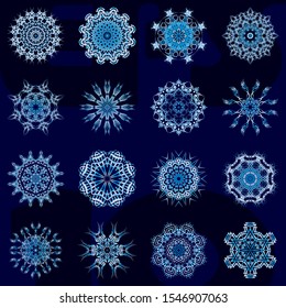 Round, snowflake-like lace ornament, circle with many details, like crocheting handmade lace. Arabesques or mandalas or even turkish